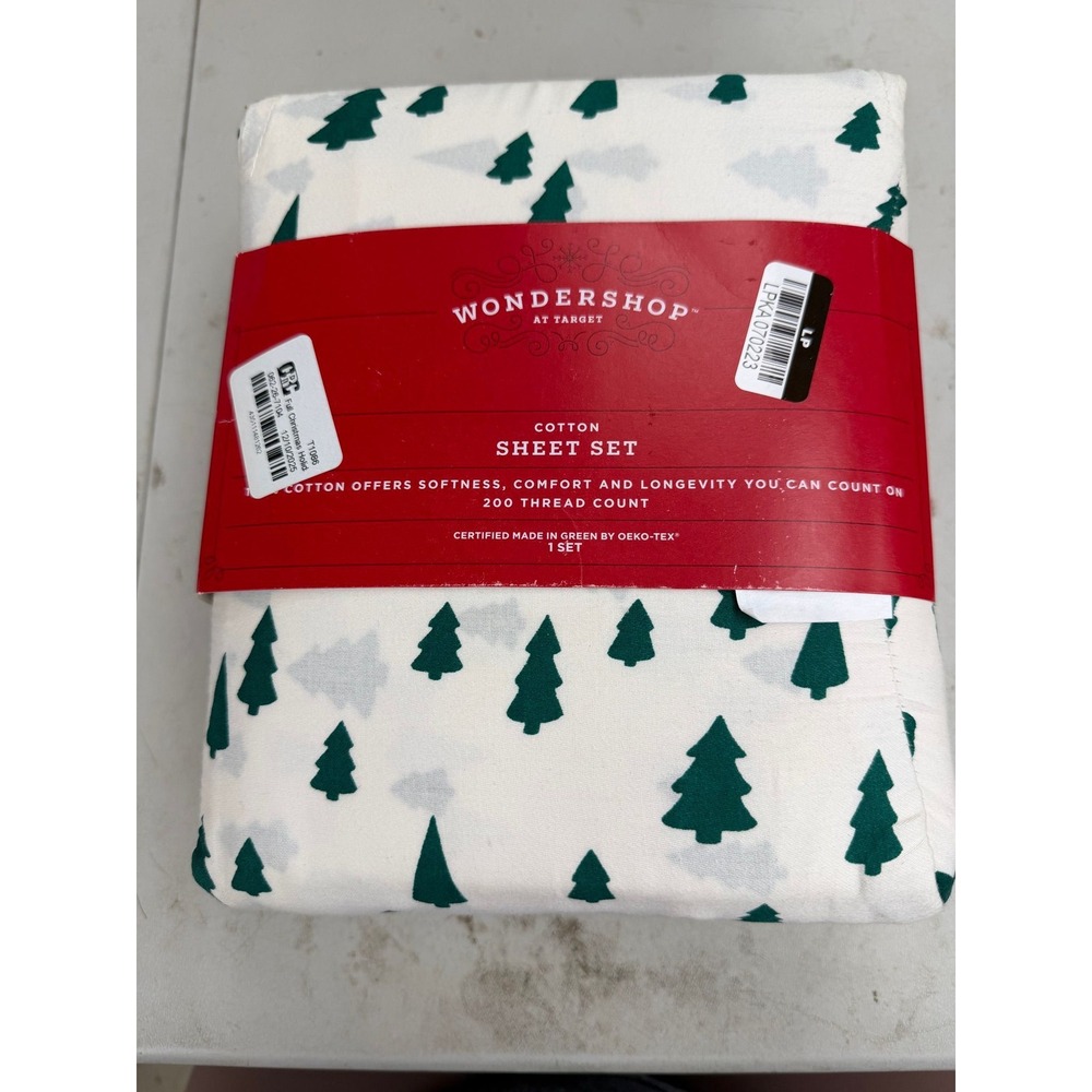 #158 Wondershop Full Cotton Christmas Sheet Set Green Trees White 4p 14in Deep